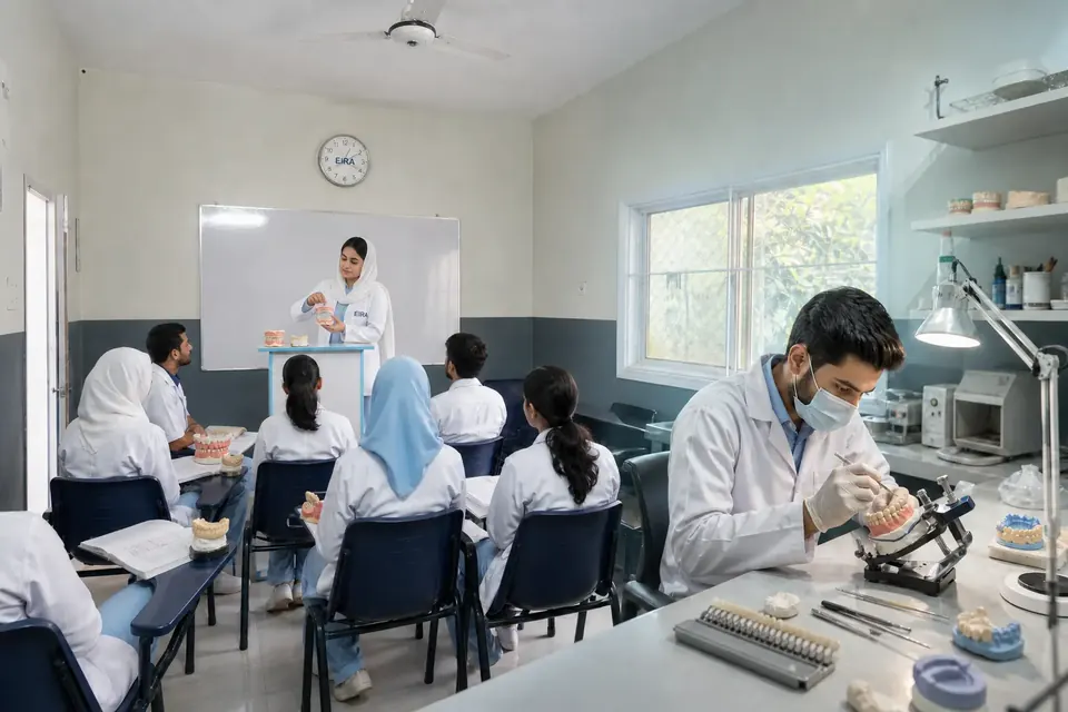 EIRA Dental Technician students learning precise dental prosthetics and laboratory techniques