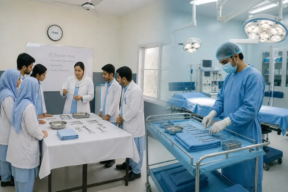 EIRA OT students learning sterile technique and preparing for surgical theatre teamwork