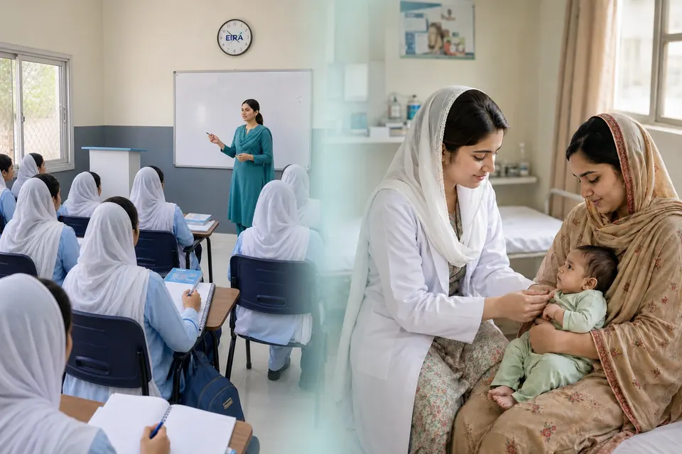 EIRA LHV students learning in class and providing maternal and child healthcare
