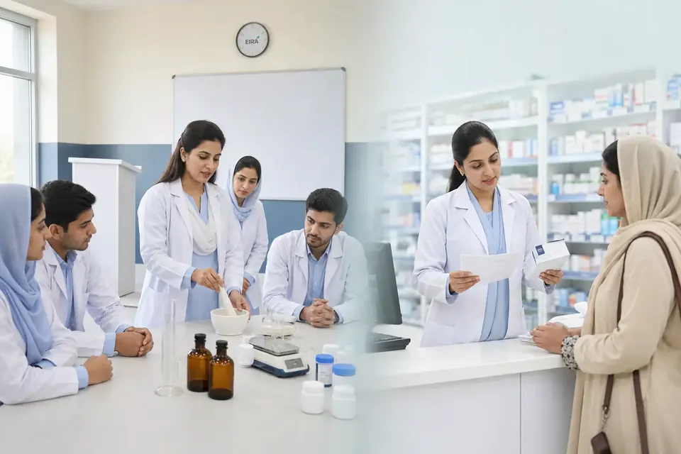 EIRA B Pharmacy students learning pharmaceutical science and professional medicine dispensing