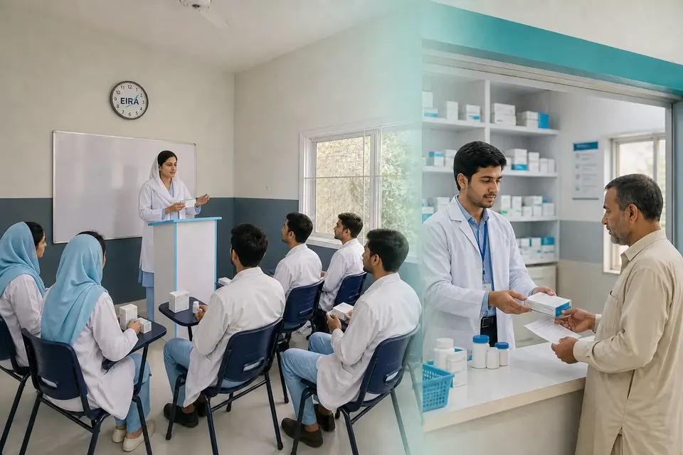 EIRA Dispenser students learning safe medicine preparation and patient-focused dispensing practice
